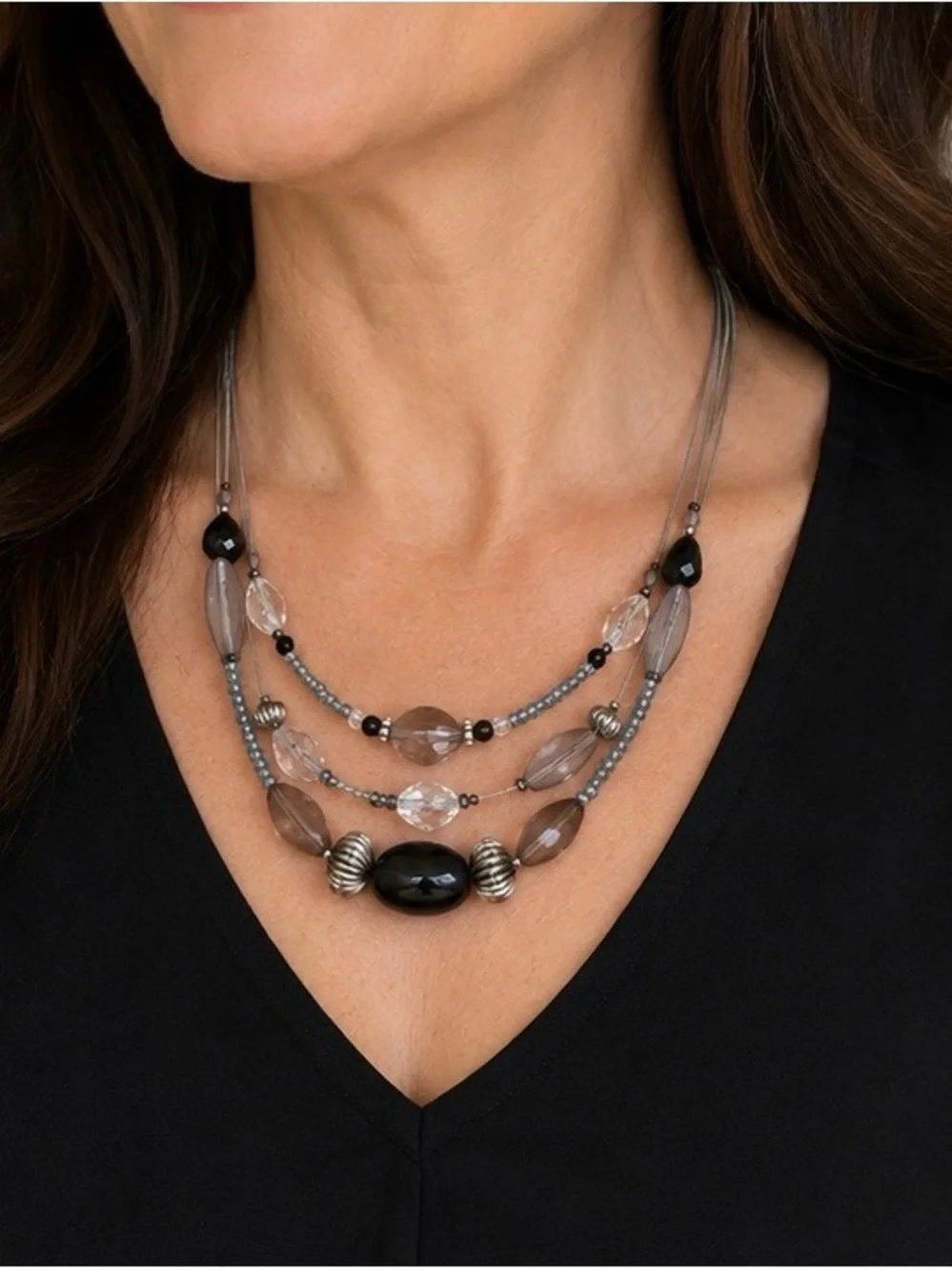 Layered Black and Gray Beaded Multi-Strand Statement Necklace Silver Tones